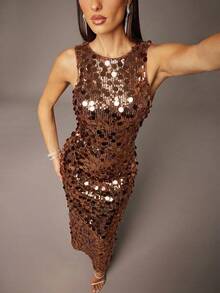 Silquee 女士纯色圆领无袖修身亮片派对连衣裙 - 香檳色 - 查看 2