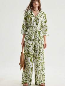 Frievida Vintage Floral Print Set On White & Green Background, Handmade, Casual Relaxed Vibe Suitable For Spring/Summer Vacation, Outdoor Travel, Daily Commute, Cinched Waist Design - Green - View 5