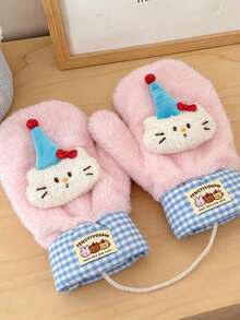 1只秋冬季毛绒娃娃手套，加厚保暖内衬防寒防风挂脖连指手套 - 彩色 - 查看 2