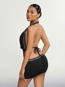 SHEIN ICON Y2K 女式狂欢节性感哥特风黑色音乐会派对科切拉音乐节深V露背性感迷你连衣裙，夏季时尚 - 黑色 - 查看 2