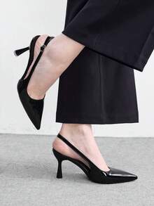 CUCCOO BIZCHIC 女鞋尖头细跟黑色时尚基础款日常百搭通勤上班购物女高跟鞋露跟鞋女鞋 - 黑色 - 查看 3