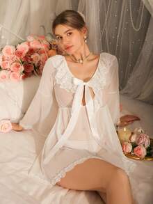 DelicateAllure Camisón de mujer de encaje y gasa con mangas de campana - Blanco - Ver 4