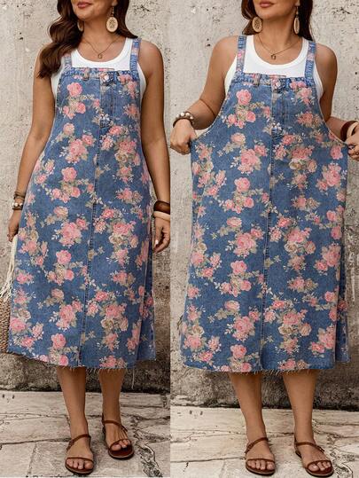 EMERY ROSE Plus Size Women's Casual Vacation Floral Print Loose Denim Strap Dress,Denim Overall Dress,Floral Denim Dress,Relaxed Fit Dress,Summer Denim Dress,Vacation Dress,Sweet Casual Style,French Cottagecore,Boho Style,Nomad Core,Vacation Outfit,Floral Print,Elastic Waist Back,Layering Friendly,Garden Party Dress,Weekend Getaway,Beach Outfit,Everyday Denim Dress,Plus Size Floral Overall Dress,Spring Summer Overall Dress,Plus Size Women Floral Print Distressed Dress Summer For Women Spring Women Valentine's Day Going Out Casual 
﻿