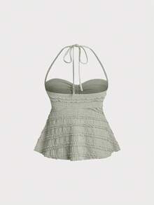 Sweetra Áo hai dây cổ yếm thắt nút nhún bèo dành cho nữ phong cách Y2K - xanh quân đội - Xem 2