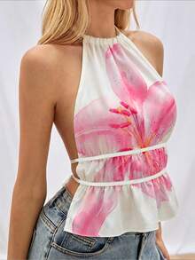 SHEIN EZwear 女士休闲粉色百合印花露背吊带上衣，适合夏季、海滩、音乐节等场合，可用作沙滩罩衫、休闲比基尼、舒适泳装或装饰性沙滩装。 - 彩色 - 查看 6