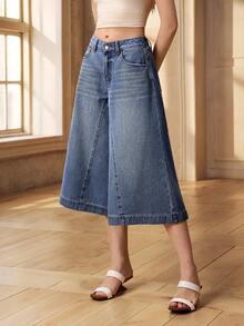 Selenza 女士宽松版型带口袋阔腿七分牛仔裤 - 藍色 - 查看 7