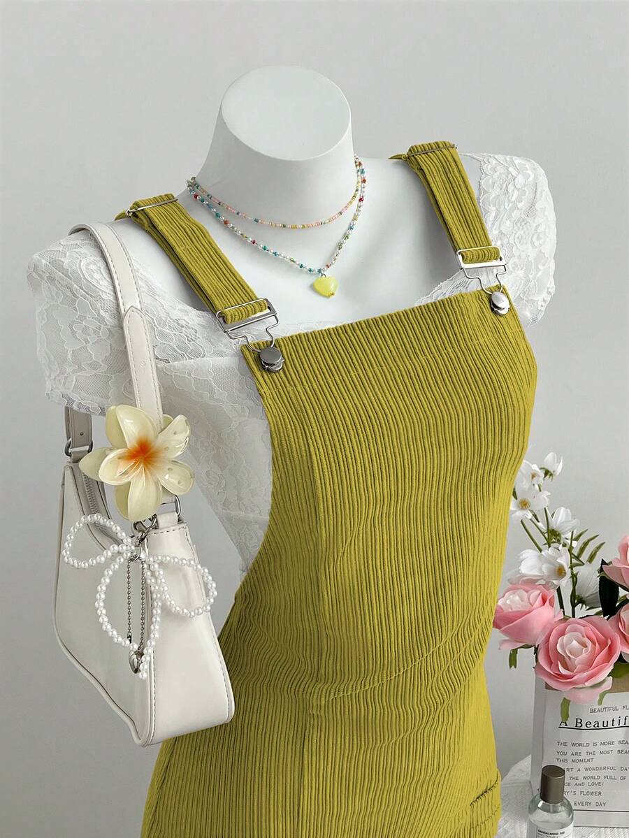 Elamini 女士休闲纯色灯芯绒吊带连衣裙，夏季 - 綠色 - 查看 1