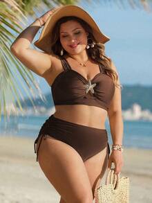 Swim Lushoire Set Pakaian Renang Pesta Pantai Wanita Ukuran Besar, Atasan Motif Bintang Laut Polos dengan Tali Lebar dan Tali Serut Samping di Pinggang serta Bawahan Segitiga - Coklat - View 6