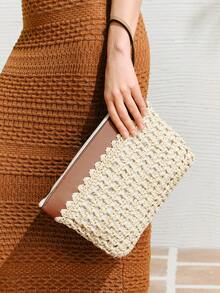 SHECARRY 女士手拿包、草编包、镂空草编包、时尚、优雅、简约、个性化、百搭，适合海滩、度假、假日、夏季、海边、沙滩派对 - 米色 - 查看 2