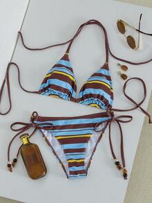 Swim Vcay Summer Vacation Sexy Striped Beaded Halter Backless Triangle Cup Bikini Set - Multicolor - View 1