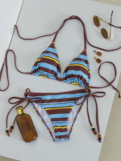 Swim Vcay Summer Vacation Sexy Striped Beaded Halter Backless Triangle Cup Bikini Set