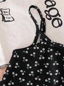 Conjunto de 2 peças para menina: camiseta de malha lisa com gola redonda e vestido curto floral. - Preto e Branco - Ver 9