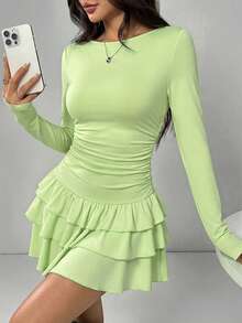 SHEIN EZwear Women's Elegant Mint Green Ruffle Trim Long Sleeve Dress - Mint Green - View 6