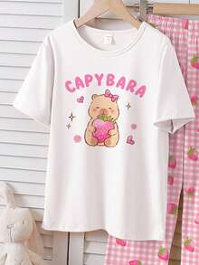 SHEIN Tween Girls 2pcs Pajama Set, Cute Cartoon Kapibarasan Print Top And Plaid Strawberry Print Pants, Short Sleeve And Long Pants Sleepwear Girls Capybara Pajamas - Pink - View 6