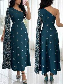 Al Najma Women's Floral Print Dress With Elegant Long Sleeve & One Shoulder Design - Multicolor - View 1