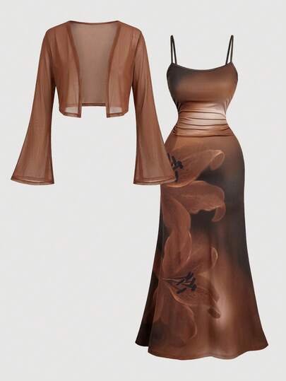 SHEIN MOD Bộ váy midi hai mảnh cỡ lớn in họa tiết hoa ly màu nâu, thích hợp cho kỳ nghỉ, lễ hội âm nhạc.