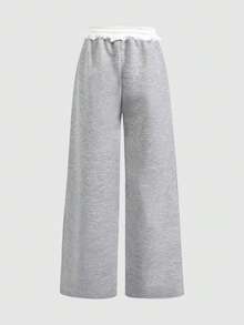SHEIN Tween Girls' Contrast Color Drawstring Waist Pockets Wide Leg Loose Casual Sweatpants - Blue - View 2