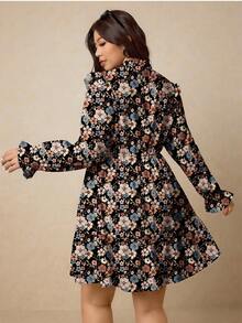 SHEIN Elaquor 度假风休闲加大码女式碎花荷叶领长袖休闲连衣裙，花卉/情人节春夏风格。 - 彩色 - 查看 2