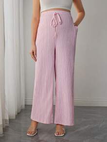 Momance 女士长款纹理面料优雅系带直筒孕妇裤 - 粉色 - 查看 1