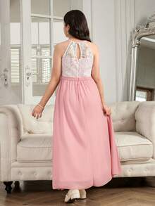 Tween Girl Floral Lace Patchwork Contrast Color Elegant Halter Party Dress - Pink - View 2