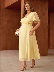 Roveilla Đầm maxi dài tay có lớp lót, chất liệu chiffon mỏng nhẹ, thanh lịch dành cho nữ, thích hợp đi làm, đi nghỉ mát, dự tiệc trà chiều, kiểu dáng lãng mạn, cổ chữ V, eo chéo, đính kim loại, phù hợp cho mùa xuân/hè. - Màu vàng - Xem 4