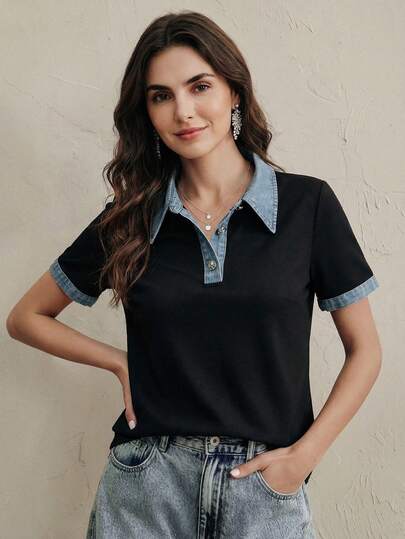 Anewsta Nuevo conjunto de verano para vacaciones, camisa polo de manga corta con cuello polo tejido en patchwork azul