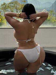 Swim SXY Áo khoác ngoài gợi cảm, thời trang, cổ yếm đính ngọc trai, cỡ lớn. - Vàng - Xem 2