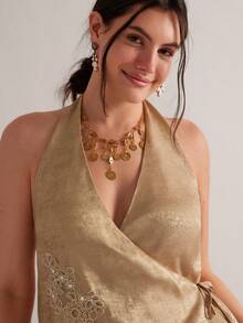 Freevana 波西米亚扎染卡其色吊带背心，银线刺绣抽绳深V领吊带衫，复古小众设计无袖上衣，适合音乐节穿着 - 卡其色 - 查看 7