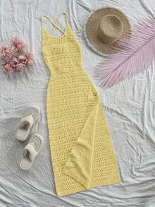 SHEIN Unity 时尚镂空性感女装连衣裙，简约时尚，适合夏季 - 黃色 - 查看 5