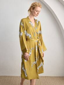 Ocili 女士豹纹简约动物图案睡袍，舒适系带长款睡袍 - 芥末黃 - 查看 4