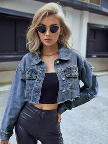 SHEIN Essnce Chaqueta vaquera suelta de manga larga con hombros caídos y borde deshilachado - Azul lavado medio - Ver 6