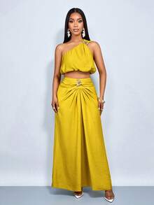 SOLERSUN 性感优雅的波点两件套，露肩上衣，长裙，仿亚麻休闲黄色套装，通勤和度假的完美之选，春夏女装。 - 芥末黃 - 查看 7