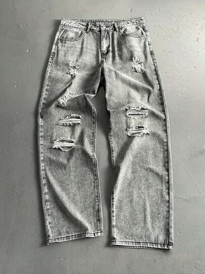 StoneGrade 男士口袋破洞宽松阔腿休闲牛仔裤