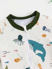SHEIN Playful Pals Áo bơi dài tay, khóa kéo nửa thân trước, in hình sinh vật biển dành cho bé trai. - Nhiều màu - Xem 6