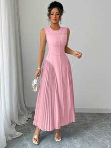 Rafferiza Minimalistisk damklänning med mandarinkrage och ärmlös plisserad A-linje, vår/sommar - Rosa - Visa 7
