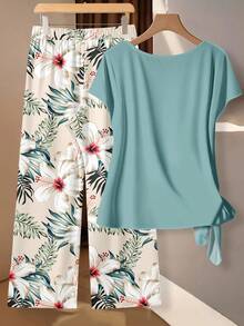 EMERY ROSE 2pcs Women Floral Print Tie Bow Blouse And Straight Leg Loose Pants Set - Multicolor - View 3