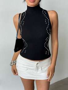 SHEIN Elenzya Women Black Knit Sleeveless Stand Collar Casual Regular Top With Rhinestone Detail - Black - View 5