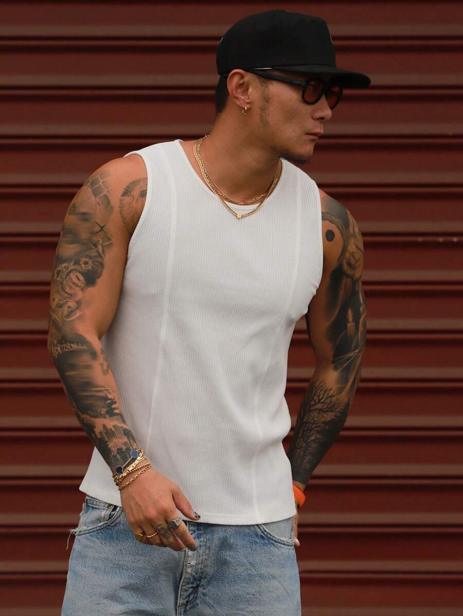 DAZY Men's Slim Fit Solid White Textured Fabric Tank Top, Summer - White - View 1