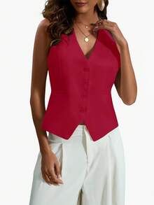 Aveloria Modichic Solid Color V-Neck Sleeveless Casual Suit Vest With Front Buttons  - Burgundy - View 3