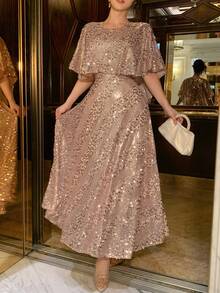 DAZY Đầm dài ngang gối cổ tròn đính sequin thanh lịch dành cho nữ, đầm dự tiệc cưới mùa hè, đầm lấp lánh, đầm maxi, đầm mùa hè. - Hồng - Xem 3