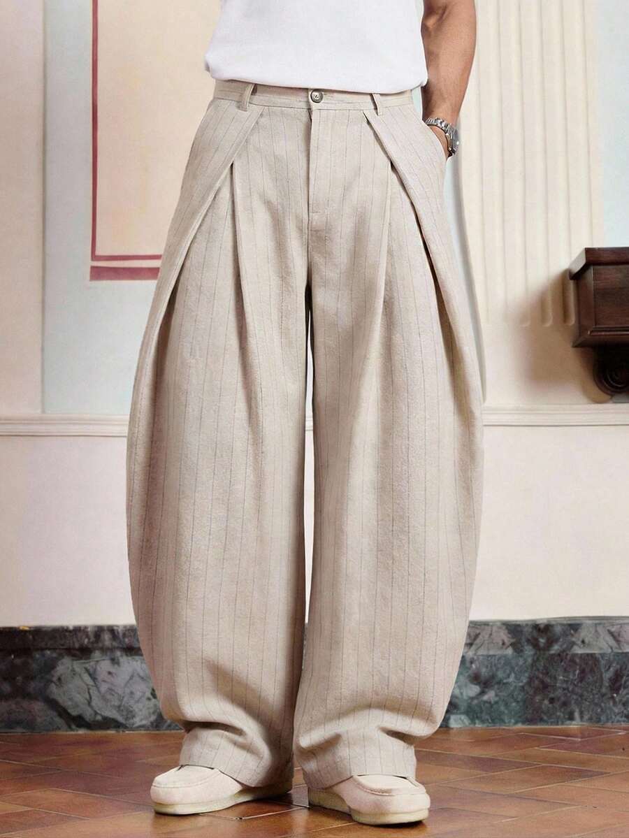 SWAVVY Men's Striped Pocket Loose Casual Wide Leg Pants - Khaki - View 1