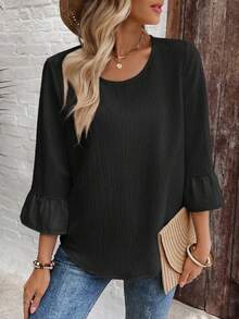 EMERY ROSE 女士纯色圆领休闲百搭七分袖衬衫 - 黑色 - 查看 6