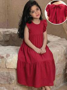 SHEIN Girls' Casual Vacation Multi-Layer Patchwork Loose A-Line Cap Sleeve Robe, Wine Red, Bright Red - Red - View 1