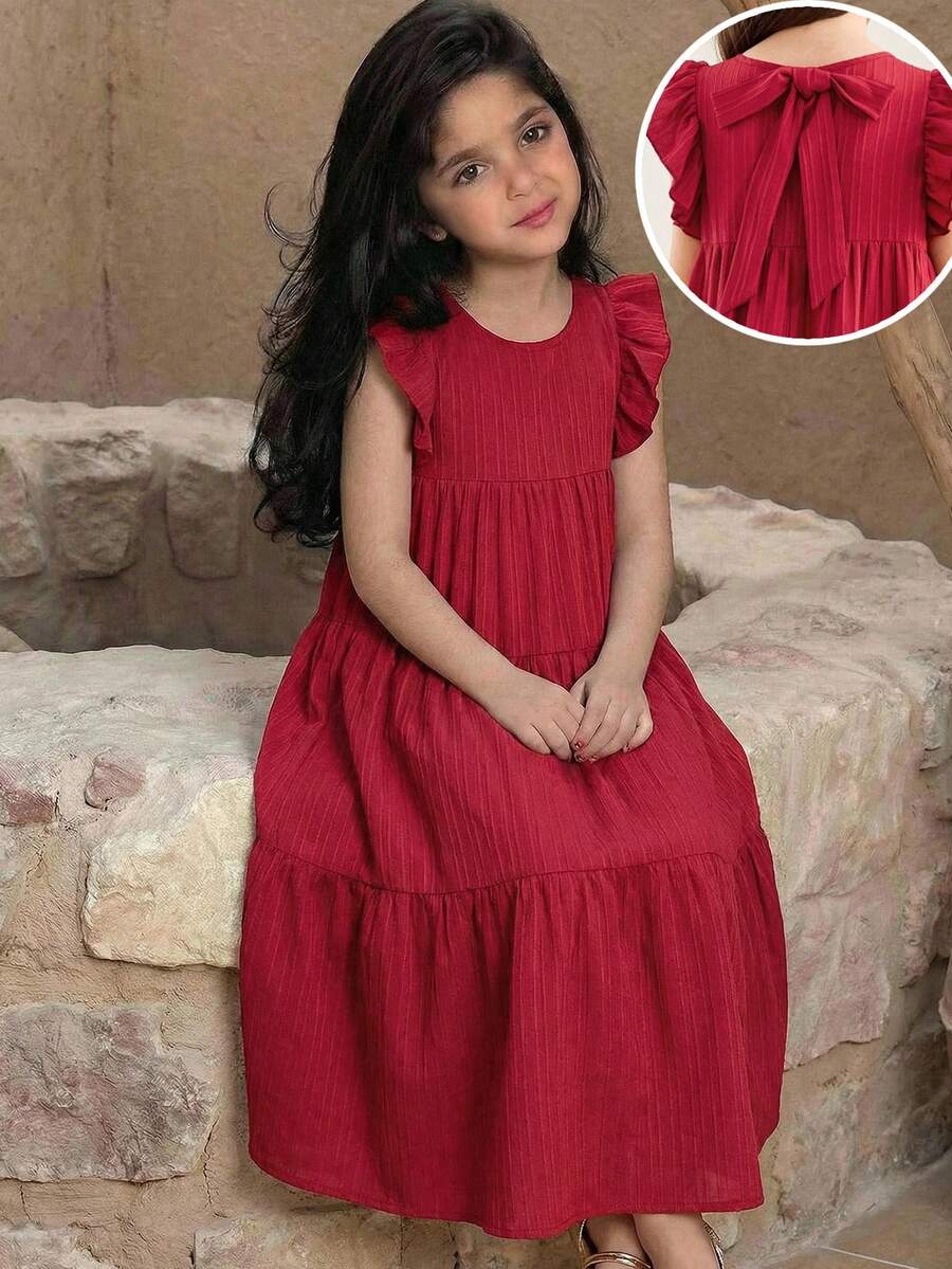 SHEIN Girls' Casual Vacation Multi-Layer Patchwork Loose A-Line Cap Sleeve Robe, Wine Red, Bright Red - Red - View 1