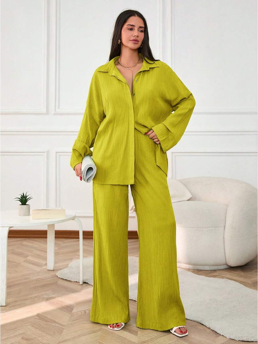 EURMUSE Camisa unicolor con botón delantero con pantalones - Verde - Ver 1