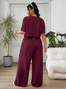Solflare Women's Plus Size Solid Color Round Neck Short Sleeve Top And Drawstring Waist Wide Leg Pants Casual 2 Piece Set, Summer Outfits - Rusty Rose - View 2
