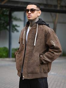 Devon Thys 男士长袖宽松摩托车皮夹克，带帽，秋冬新款 - 咖啡棕 - 查看 5