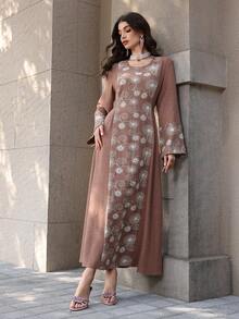 Al Najma 复古刺绣休闲修身日常长袖土耳其和阿拉伯传统女式连衣裙 - 棕色 - 查看 5