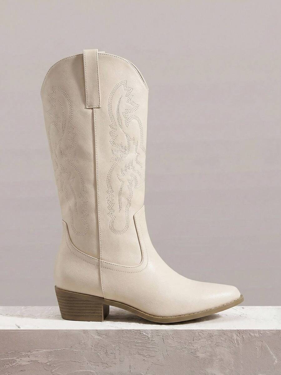 Daringsoles Giày bốt cao đến giữa bắp chân dành cho nữ, phong cách Bohemian miền Tây, thích hợp cho các buổi tiệc, lễ Giáng sinh, trang phục Halloween. - Màu be - Xem 1