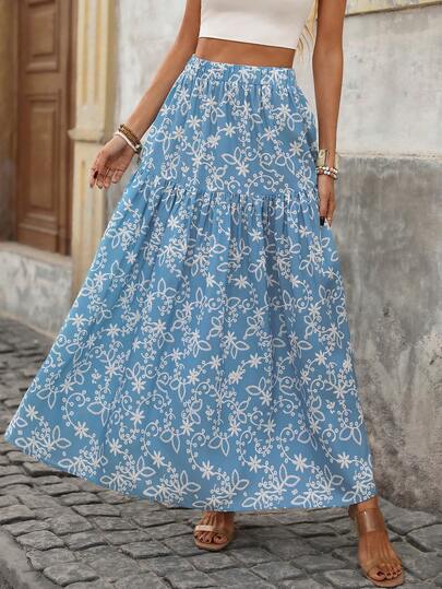 Brillora Women's Elastic Waist Loose Bohemian Print Skirt,Vacation,Vacation Style,Summer Holiday Outfits,Women's Geometric Pattern Holiday Skirt Women Summer For Women,BOHO,BOHO Style,Drawstring Waist Casual Vacation Skirt Bohemian Boho